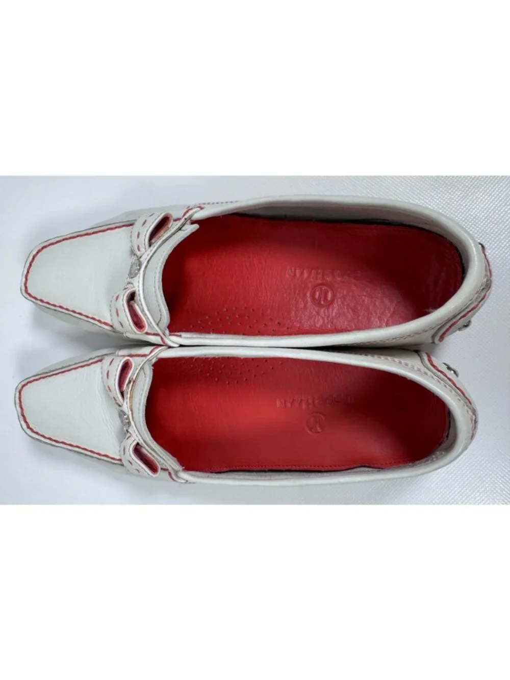 Cole Haan Women White Leather Driving Loafers Shoes Red Stitch Bow Size 8.5 B